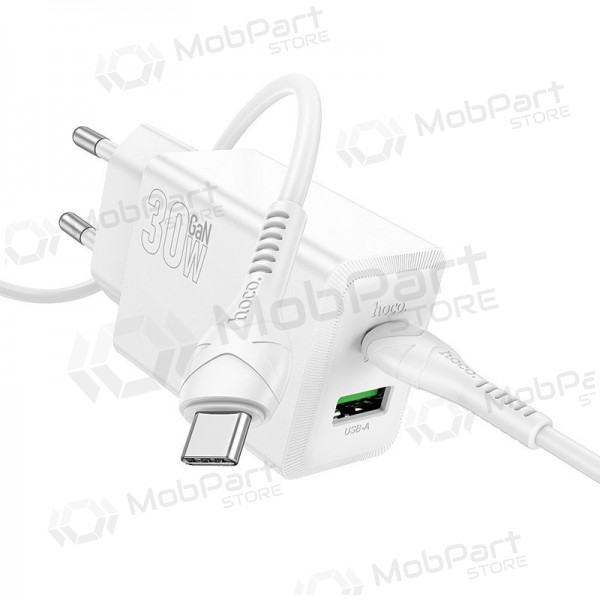Telefoni laadija Hoco N71 30 W GaN USB-C + USB-A koos USB-C kaabliga 1 m valge