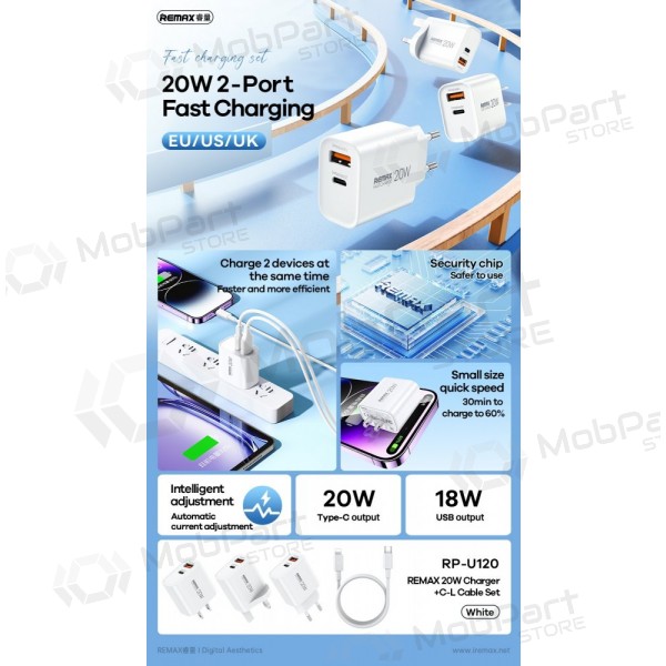 Telefoni laadija Remax RP-U120 20 W USB-C + USB-A koos Lightning kaabliga 1 m valge