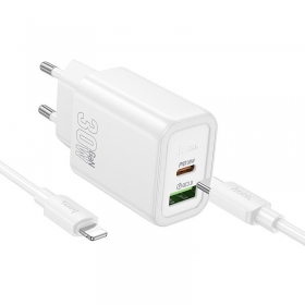 Telefonilaadija Hoco N63 30 W GaN USB-C + USB-A koos Lightning kaabliga 1 m valge