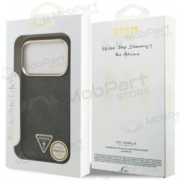 Apple iPhone 17 Pro Max ümbris - Guess PU Leather 4G Strass Triangle Logo Gold Frame MagSafe (must)
