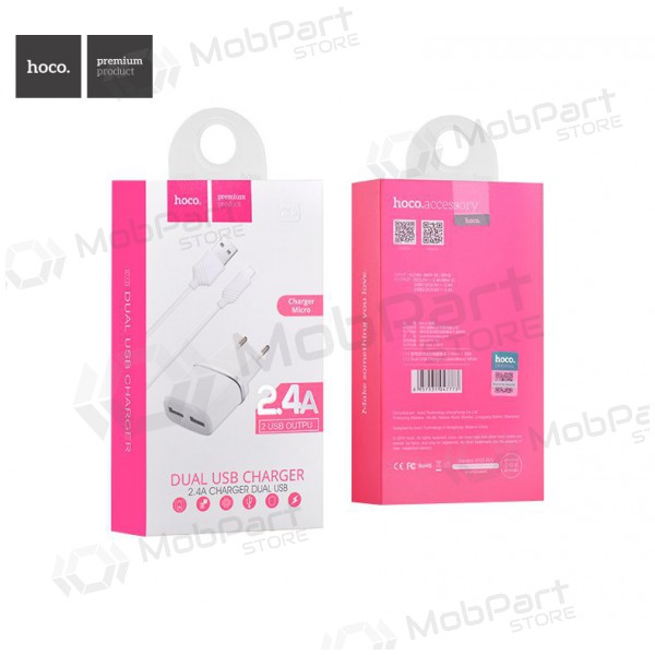Laadija HOCO C12 Smart Dual USB + Lightning kaabel (5V 2.4A) (valged)