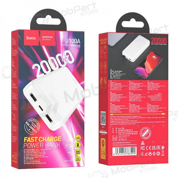 Väline patarei / aku Power Bank Hoco J100A 2xUSB-A 20000mAh valge Väline patarei / aku Power Bank Hoco J100A 2xUSB-A 20000mAh valge