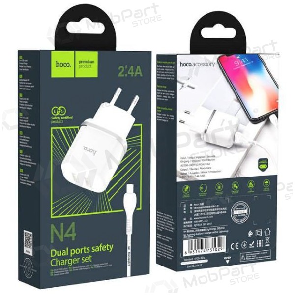 Laadija HOCO N4 Aspiring Dual USB + type-C kaabel (5V 2.4A) (valged)