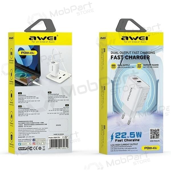 Laadija Awei PD81-EU USB-A/USB-C valged