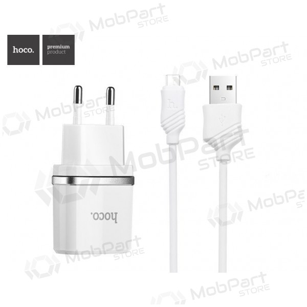 Laadija HOCO C12 Smart Dual USB + Lightning kaabel (5V 2.4A) (valged)