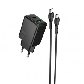 Telefoni laadija Hoco N71 30 W GaN USB-C + USB-A koos USB-C kaabliga 1 m must