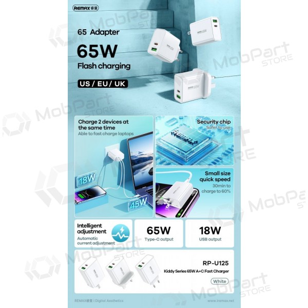 Laadija Remax RP-U125 65W GaN USB-C/USB-A valged