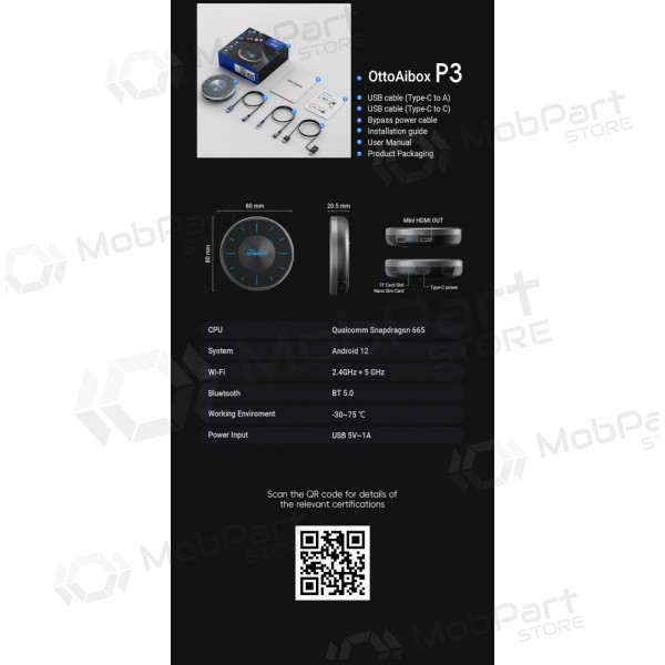 Juodas juhtmevaba CarPlay / Android Auto adapter Ottocast OttoAiBox P3 PCS46