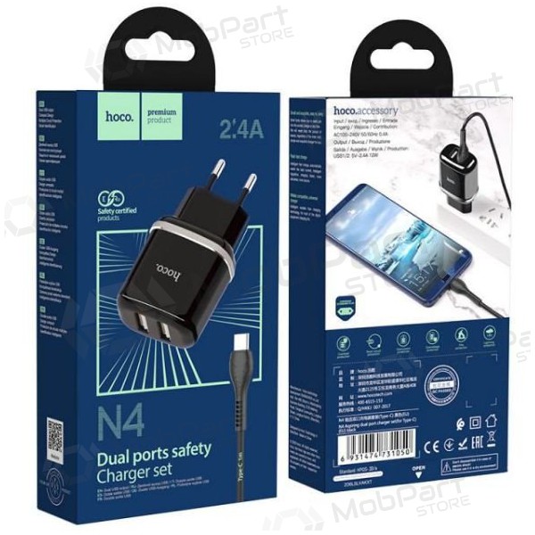 Laadija HOCO N4 Aspiring Dual USB + type-C kaabel (5V 2.4A) (mustad)