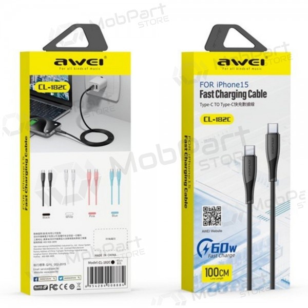 USB kaabel Awei CL-182C USB-C to USB-C 1.0m valged