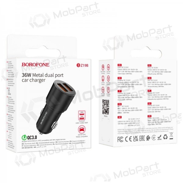 Laadija automobilinis Borofone BZ19B 2xUSB-A QC3.0 36W mustad