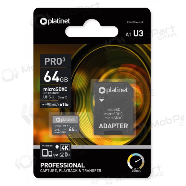 Mälukaart Platinet MicroSD 64GB (class10 UHS-III 90MB/S) + SD Adapter
