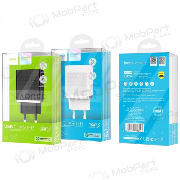 Laadija HOCO C42A Vast power QC3.0 USB 18W (3.6V-6.5V/3A, 6.6V-9V/2A, 9.1V-12V/1.5A) (mustad)