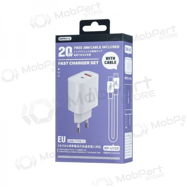Telefoni laadija Remax RP-U120 20 W USB-C + USB-A koos Lightning kaabliga 1 m valge