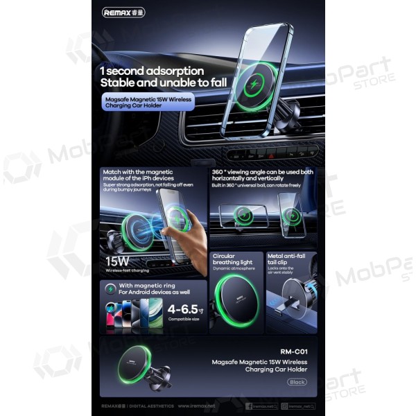 Automobilinis laikiklis-laadija Remax RM-C01 MagSafe 15W mustad