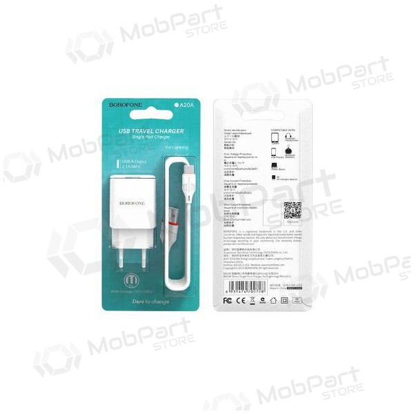 Laadija BOROFONE BA20A Sharp USB + Type-C kaabel (5V 2.1A) (valged)