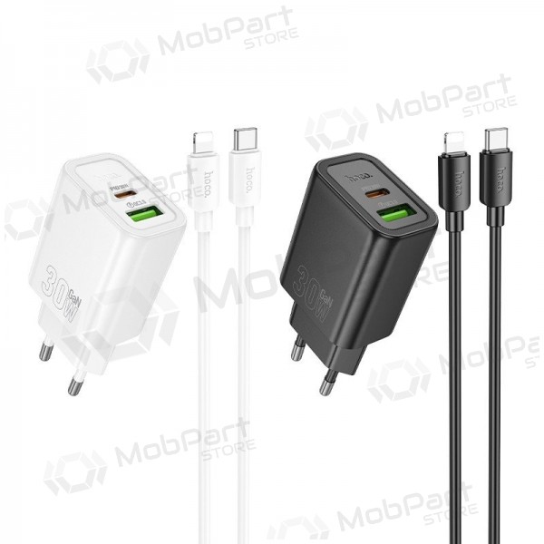 Telefonilaadija Hoco N63 30 W GaN USB-C + USB-A koos Lightning kaabliga 1 m valge