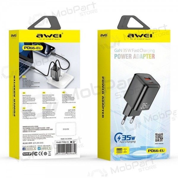 Laadija Awei PD66-EU GaN 35W USB-A/USB-C valged