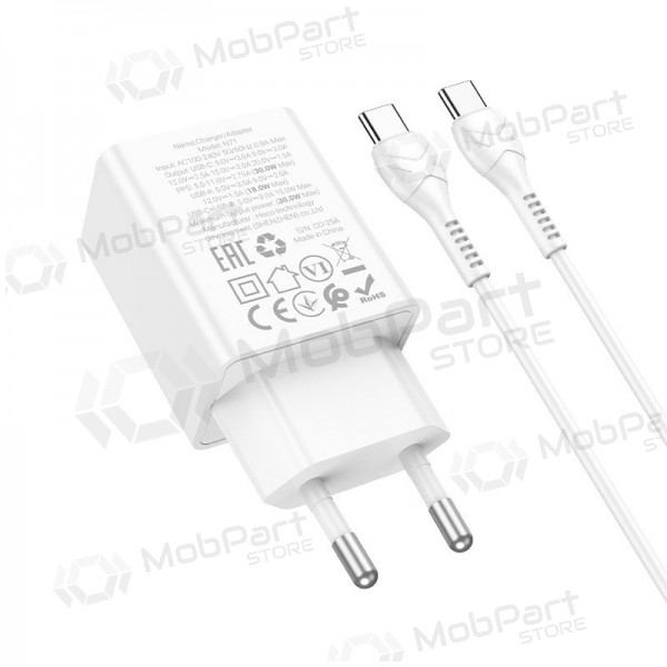 Telefoni laadija Hoco N71 30 W GaN USB-C + USB-A koos USB-C kaabliga 1 m valge