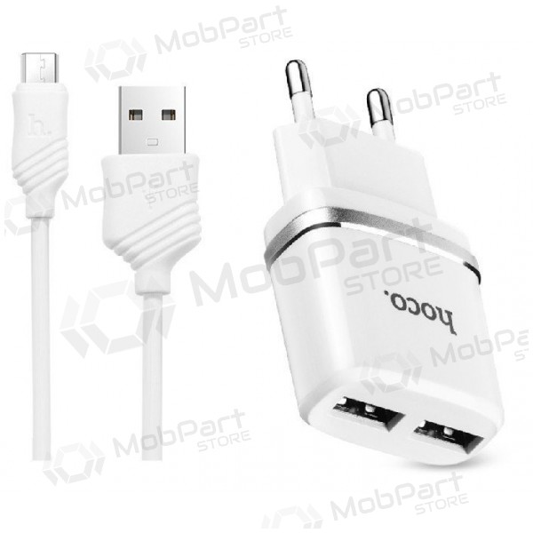 Laadija HOCO C12 Smart Dual USB + microUSB kaabel (2.4A) (valged)