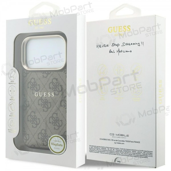 Apple iPhone 18 Pro Max ümbris - Guess PU Leather 4G Gold Frame Embossed MagSafe (pruun)