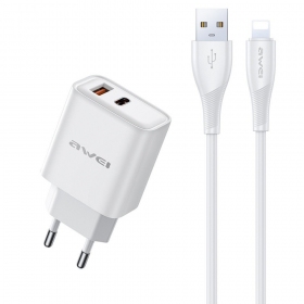 Telefoni laadija Awei PD81L-EU 22.5 W USB-C + USB-A koos Lightning kaabliga 1 m valge