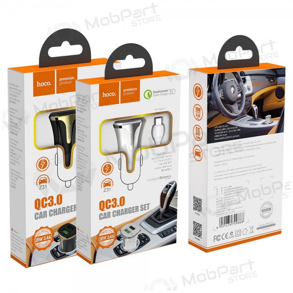 Laadija automobilinis Hoco Z31 Quick Charge 3.0 (3.4A) x 2 USB + Type-C (valged)