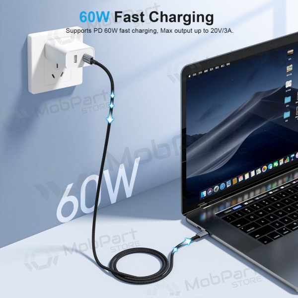 USB kaabel Choetech XCC-1015 USB-C to USB-C PD60W 2.0m mustad
