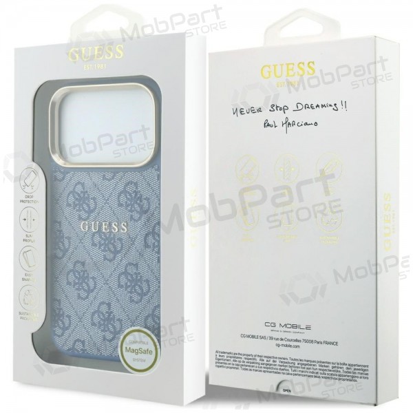 Apple iPhone 18 Pro Max ümbris - Guess PU Leather 4G Gold Frame Embossed MagSafe (sinine)