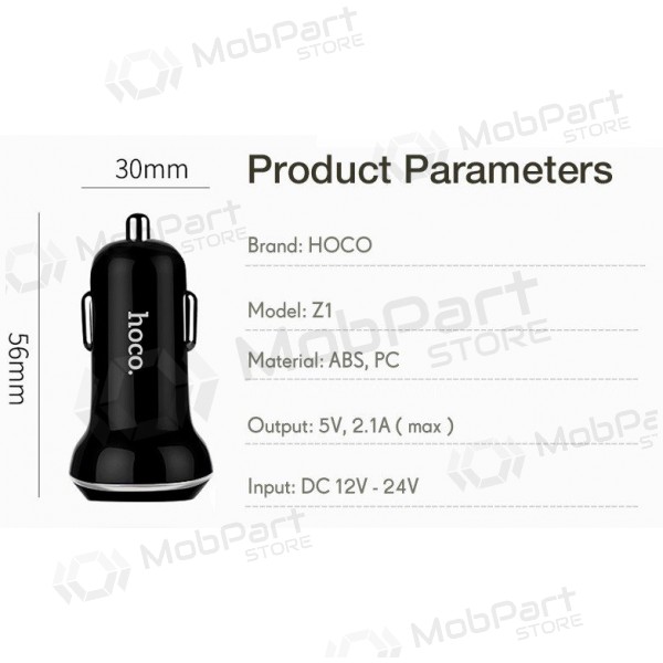 Autolaadija HOCO Z1 Dual USB (5V 2.1A) (mustad)