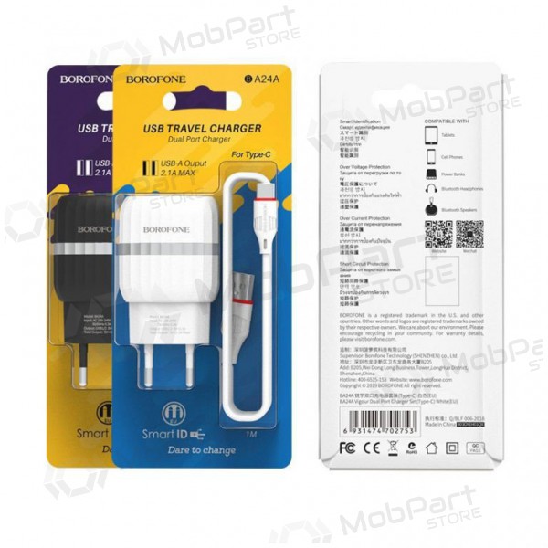Laadija BOROFONE BA24A Vigour Dual USB + Type-C kaabel (5V 2.4A) (mustad)