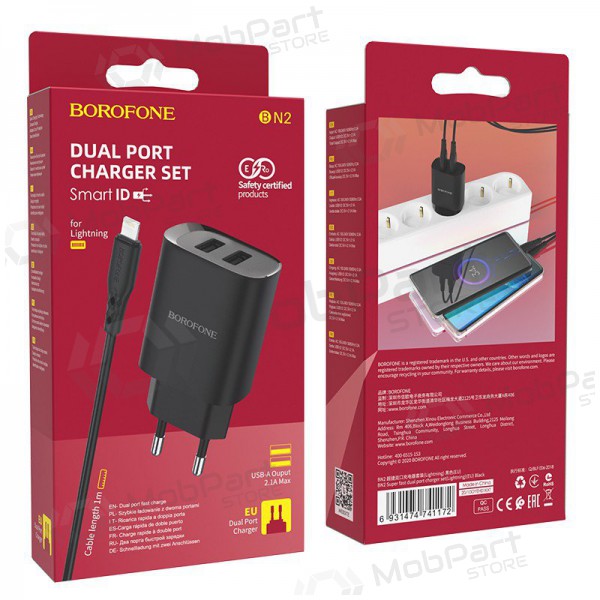 Laadija Borofone BN2 2xUSB 2.1A + Lightning (mustad)
