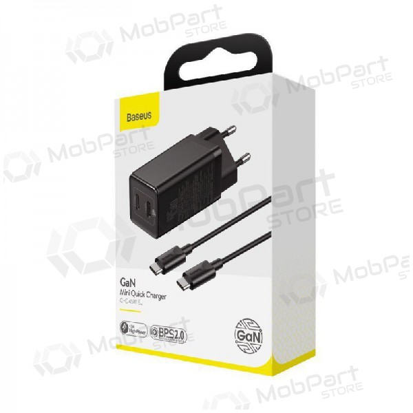 Laadija Baseus GaN 45w (20V/3A) + Type-C kaabel (MacBook) (mustad)