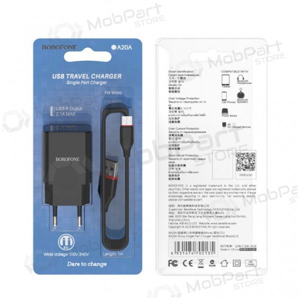 Laadija BOROFONE BA20A Sharp USB + microUSB kaabel (5V 2.1A) (mustad)
