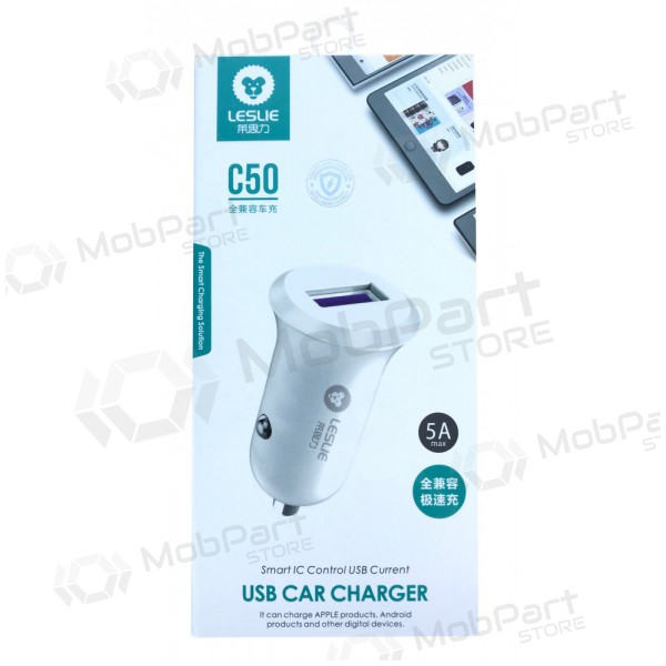 Laadija automobilinis Leslie C50 USB 5A (valged)
