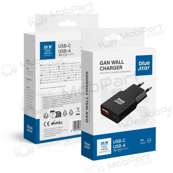 Telefonilaadija Blue Star Slim 25 W GaN USB-C + USB-A must