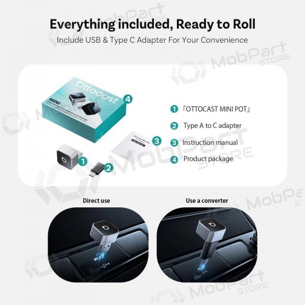 Juodas juhtmevaba CarPlay / Android Auto adapter Ottocast Mini Cube CP88-T3