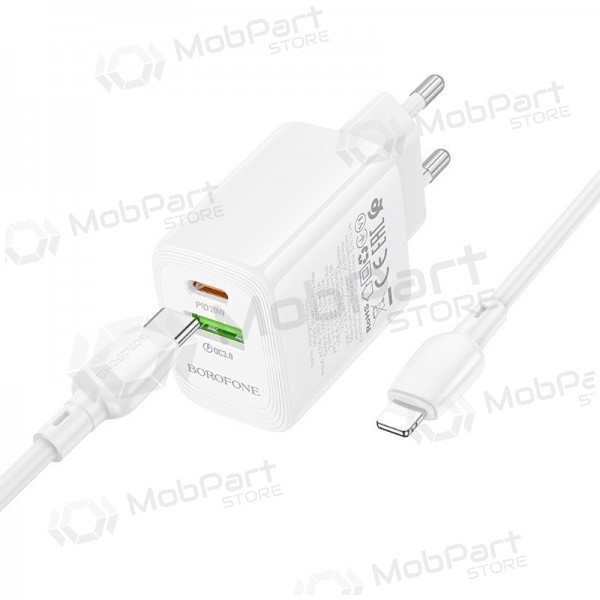 Telefoni laadija Borofone BN27 20 W USB-C + USB-A koos Lightning kaabliga 1 m valge