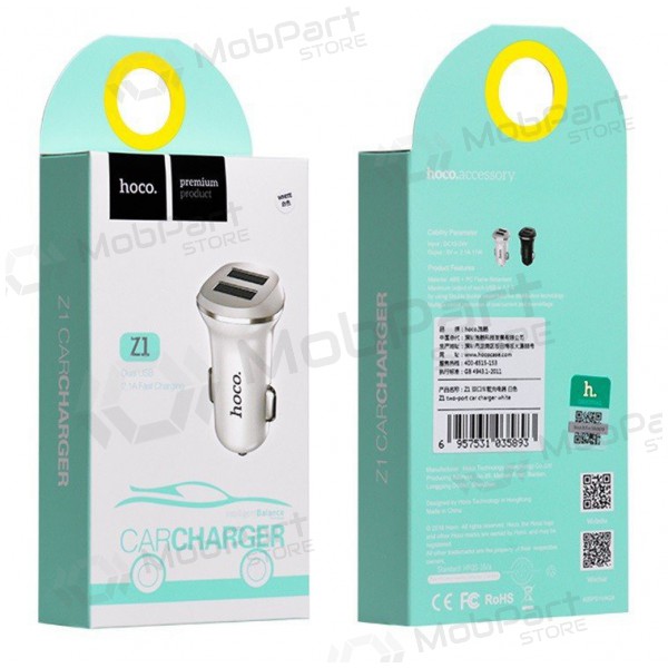 Autolaadija HOCO Z1 Dual USB (5V 2.1A) (valged)