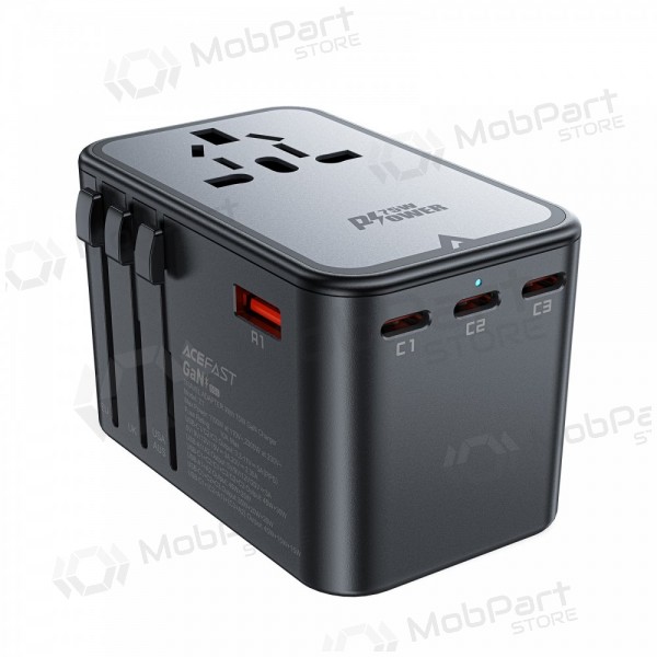 Universaalne kelioninis laadija Acefast Z1 75W GaN 2xUSB-A/3xUSB-C mustad