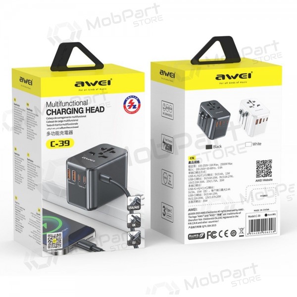 Universaalne kelioninis laadija Awei C-39 GaN 35W 2xUSB-A/3xUSB-C mustad