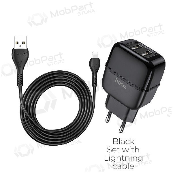 Laadija HOCO C77A Highway Dual USB + lightning kaabel (5V 2.4A) (mustad)