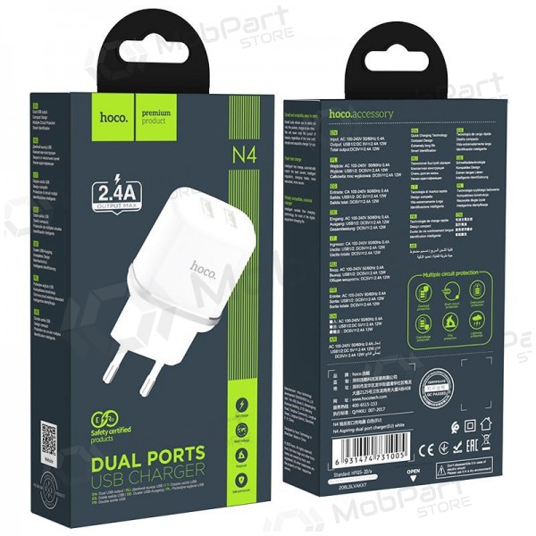 Laadija Hoco N4 x 2 USB  jungtimis (2.4A) (valged)