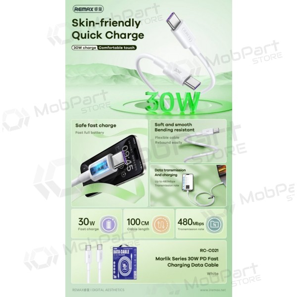 USB kaabel Remax RC-C021 USB-C to USB-C 30W 1.0m valged
