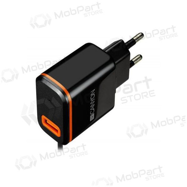 Laadija CANYON CNE-CHA042 + Type-C kaabel (1xUSB 5V 2.1A) (mustad)