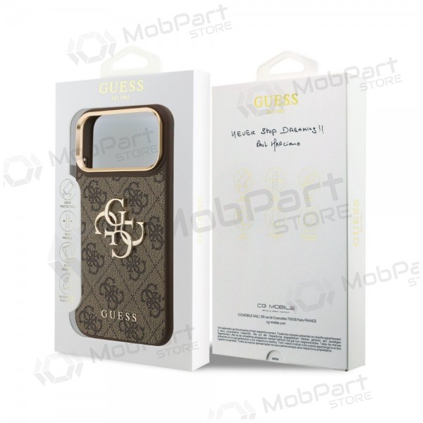 Apple iPhone 18 Pro Max ümbris - Guess PU Leather 4G Metal Logo Gold Frame (pruun)