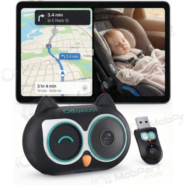 Juodas juhtmevaba CarPlay adapter Ottocast Cabin Care CA520-T mobiilse lapsehoidja funktsiooniga