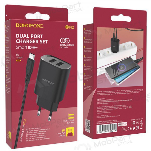 Laadija Borofone BN2 2xUSB 2.1A + USB Type-C (mustad)
