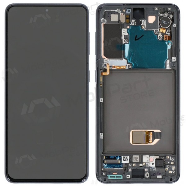 Ekranas Samsung G991 S21koos  lietimui jautriu stikliuku ja rėmeliu Phantom Black OLED (real size)