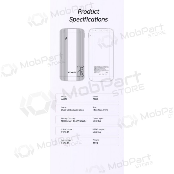 Väline patarei / aku Power Bank Awei P19K 5V/2.4A 20000mAh must